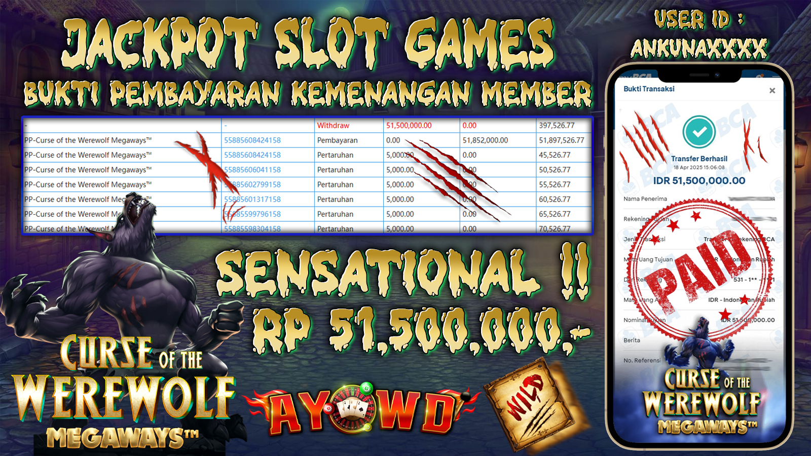 AYOWD JACKPOT SLOT GAMES PP-Curse Of The Werewolf Megaways Rp 51,500,000 LUNAS