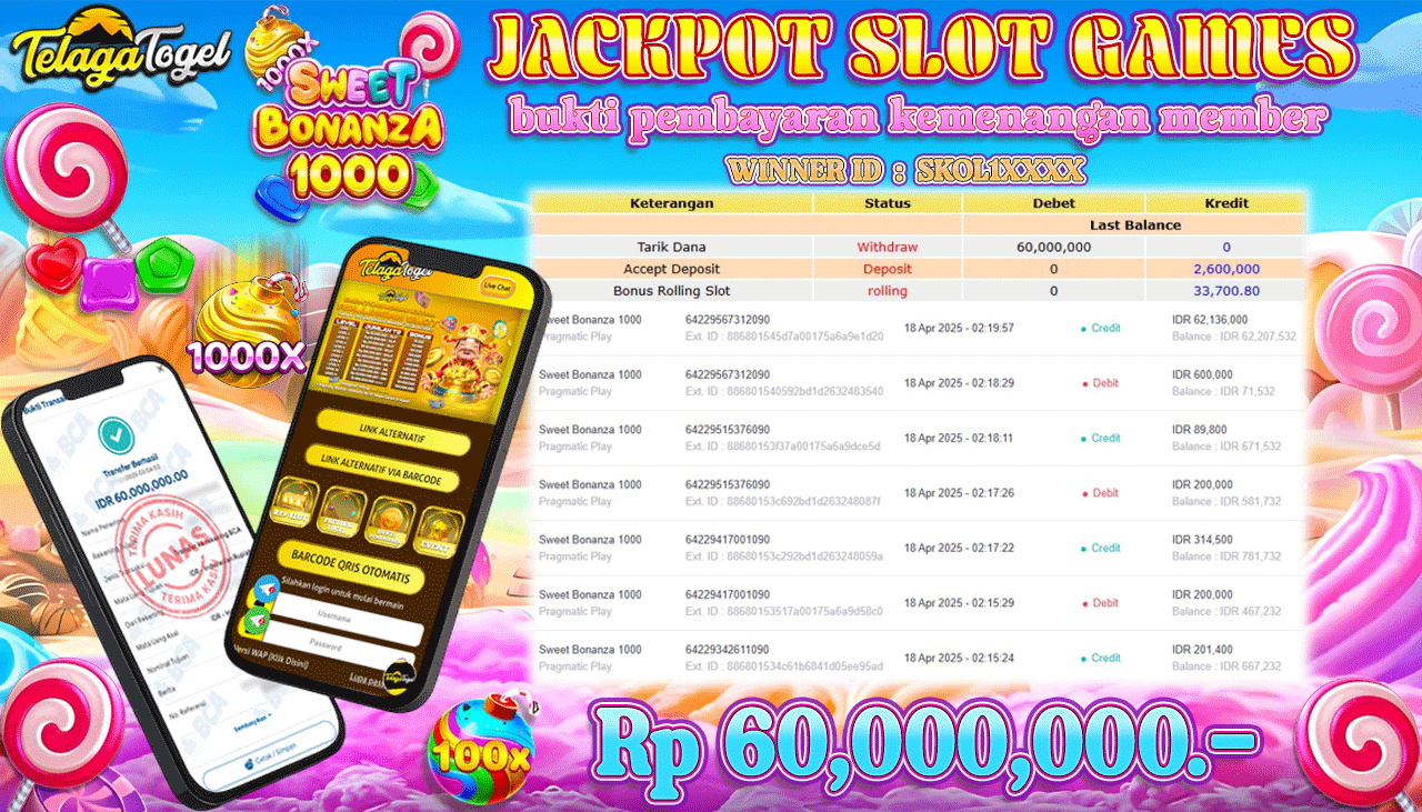 TELAGATOGEL JACKPOT SLOT SWEET BONANZA 1000 Rp 60,000,000,- LUNAS 