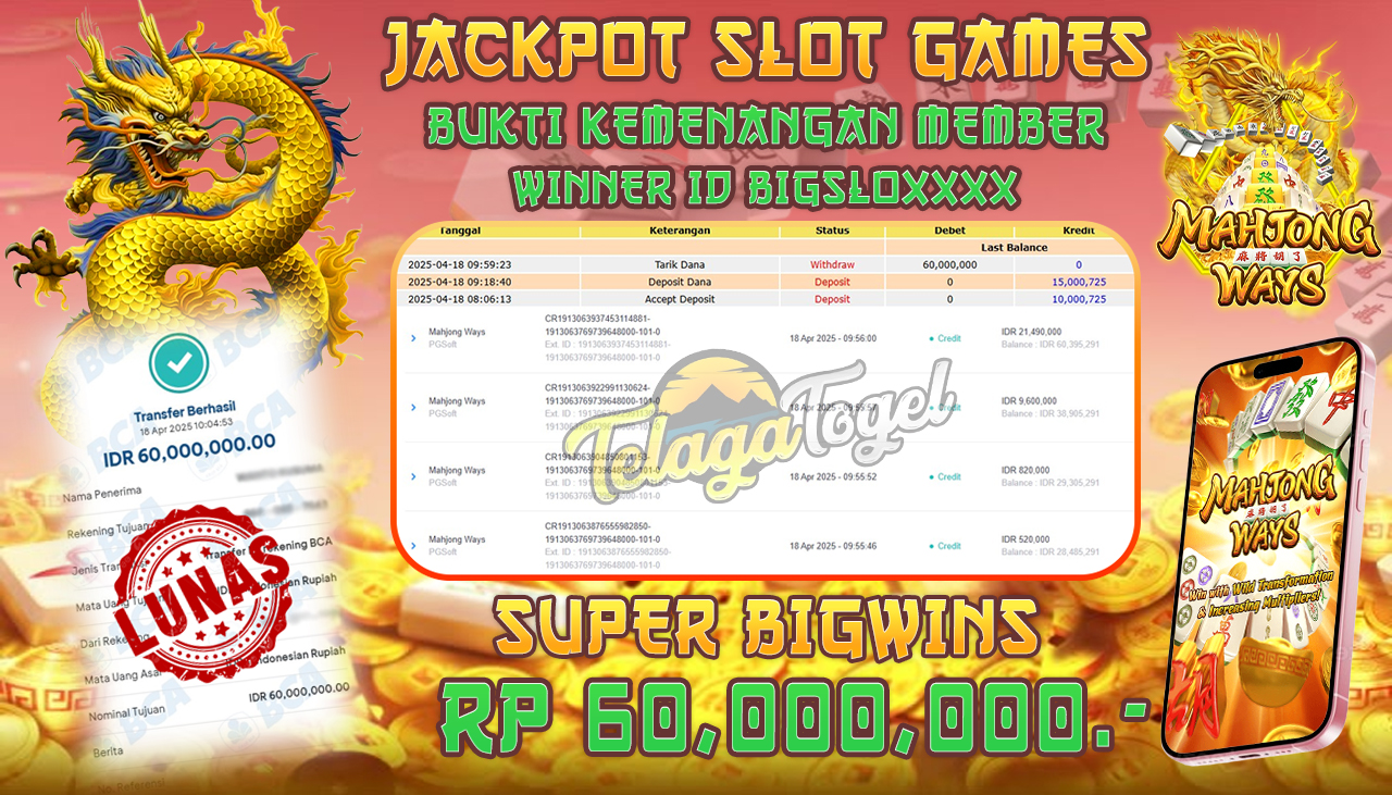 TELAGATOGEL JACKPOT SLOT MAHJONG WAYS Rp 60,000,000,- LUNAS 