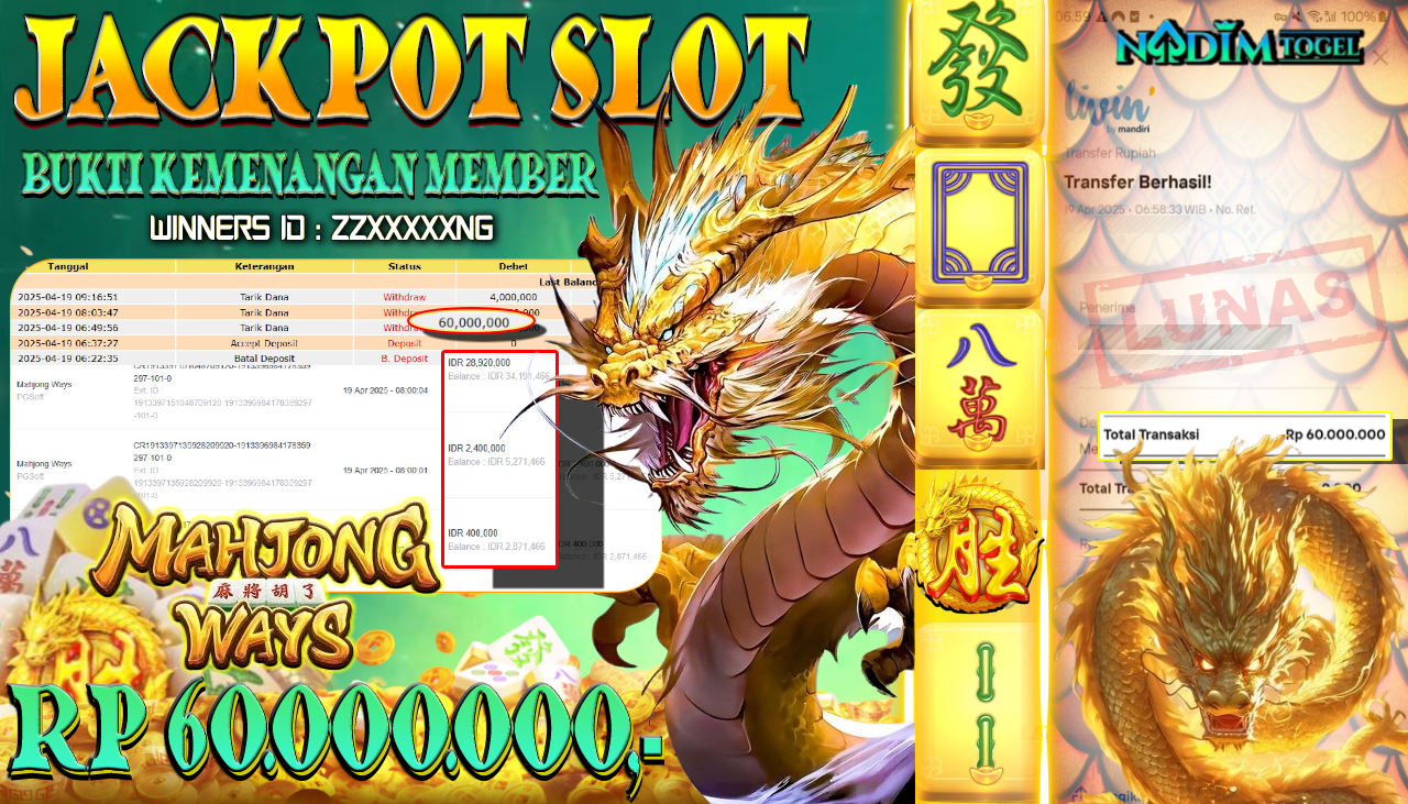 NADIMTOGEL JACKPOT SLOT MAHJONG WAYS Rp.60.000.000,- LUNAS