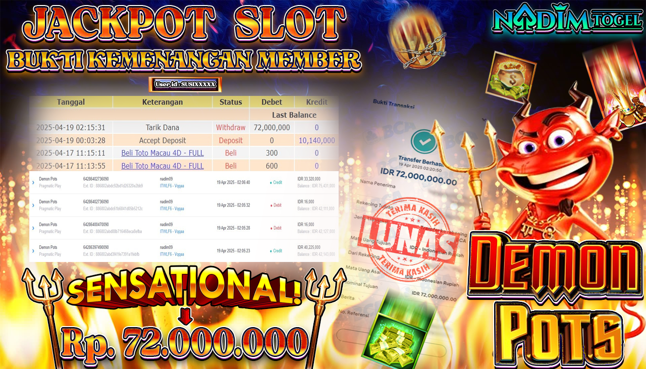 NADIMTOGEL JACKPOT SLOT DEMON POTS Rp. 72.000.000,- LUNAS