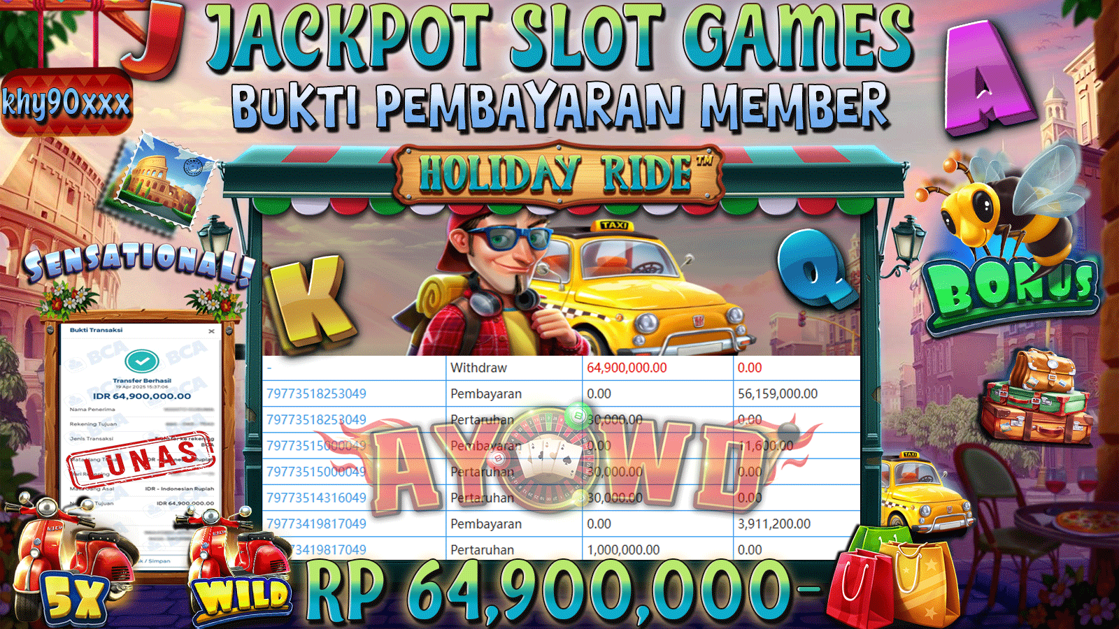 AYOWD JACKPOT SLOT GAMES PP-HOLIDAY RIDE Rp 64,900,000 LUNAS