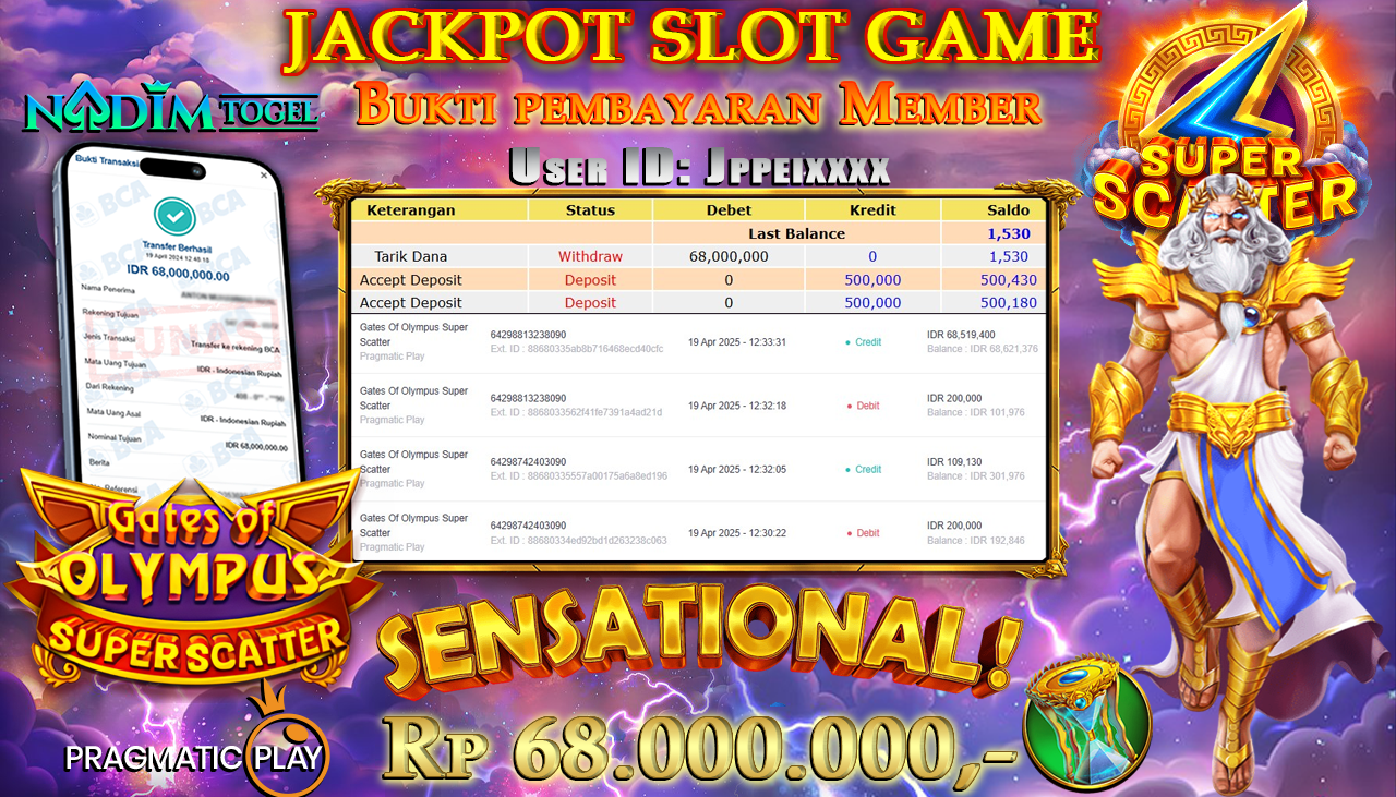NADIMTOGEL JACKPOT SLOT GATES OF OLYMPUS SUPER SCATTER Rp.68.000.000,- LUNAS