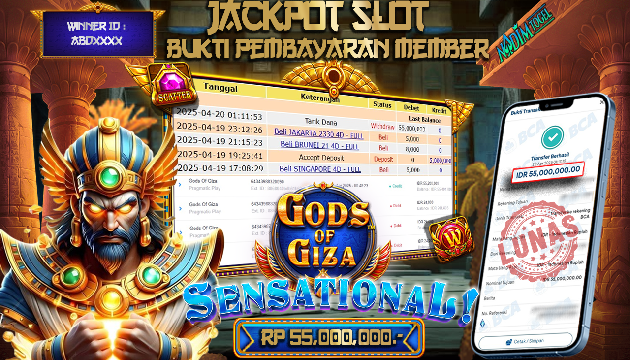 NADIMTOGEL JACKPOT SLOT GODS OF GIZA Rp.55.000.000,- LUNAS