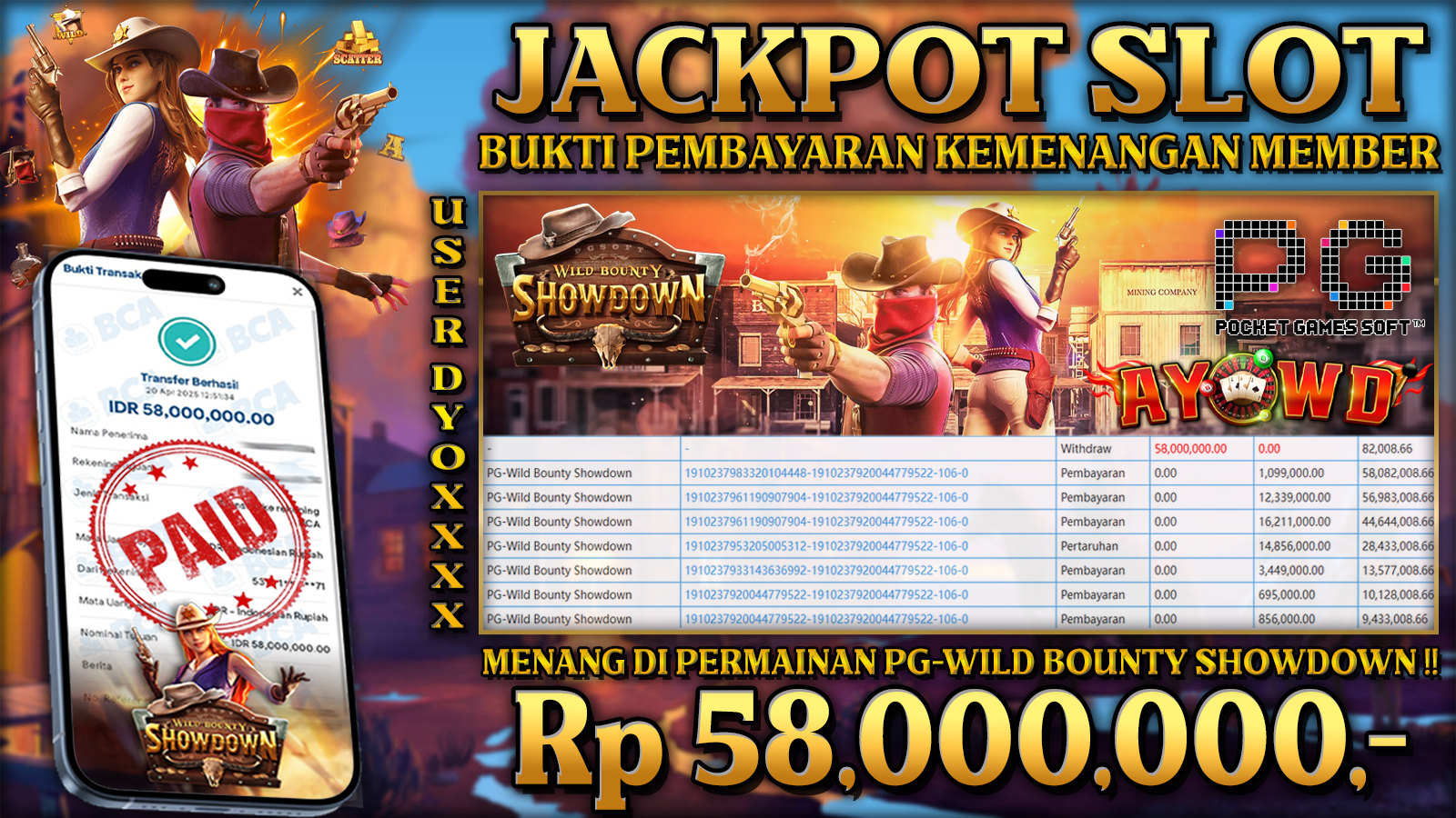 AYOWD JACKPOT SLOT GAMES PG-WILD BOUNTY SHOWDOWN 58,000,000 LUNAS