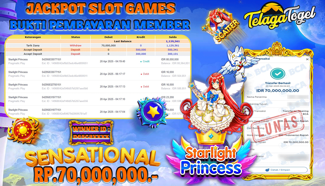 TELAGATOGEL JACKPOT SLOT STARLIGHT PRINCESS  Rp 70,000,000,- LUNAS 
