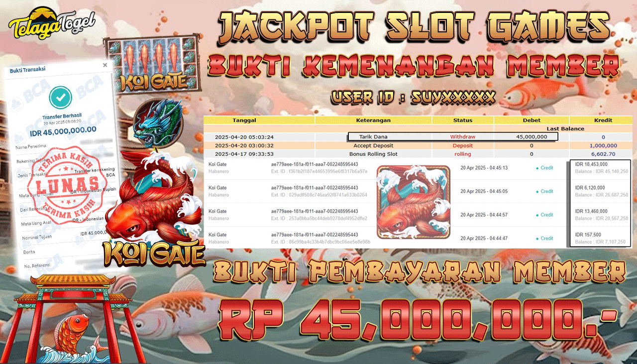 TELAGATOGEL JACKPOT SLOT KOI GATE Rp 45,000,000,- LUNAS 