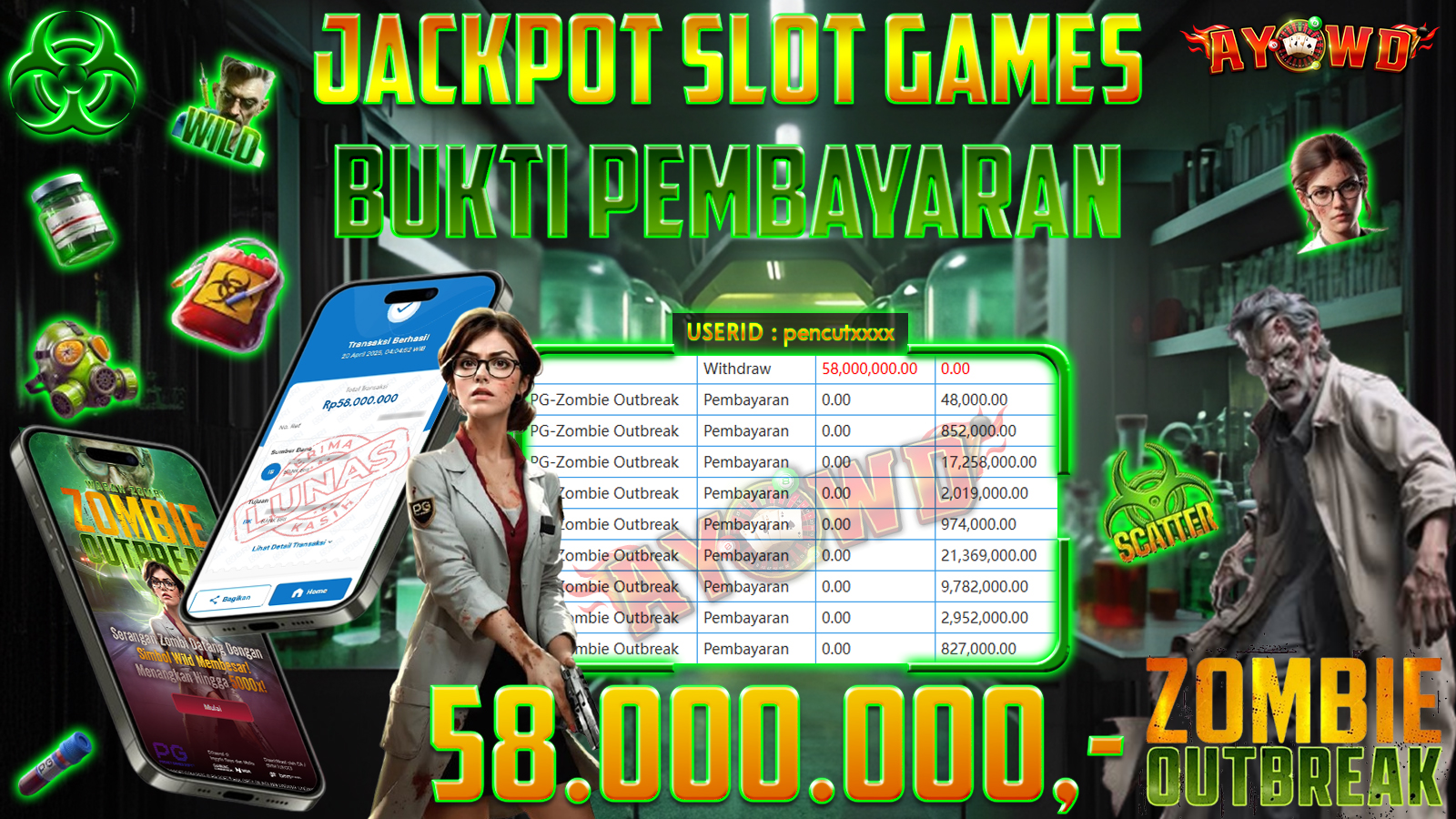 AYOWD JACKPOT SLOT GAMES PG-Zombie Outbreak Rp 58,000,000 LUNAS