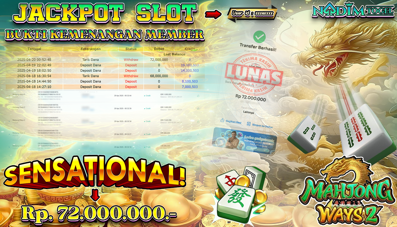 NADIMTOGEL JACKPOT SLOT MAHJONG WAYS 2 Rp. 72.000.000,- LUNAS