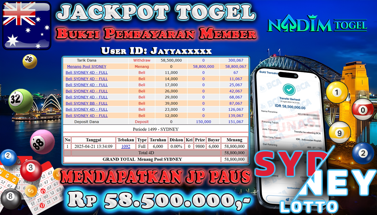 NADIMTOGEL JACKPOT TOGEL PASARAN SYDNEY LOTTO Rp 58.500.000,- LUNAS