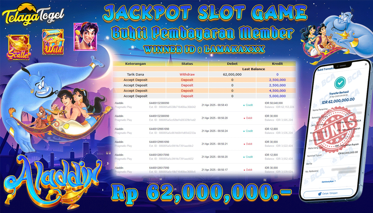 TELAGATOGEL JACKPOT SLOT ALADDIN Rp 62,000,000,- LUNAS 
