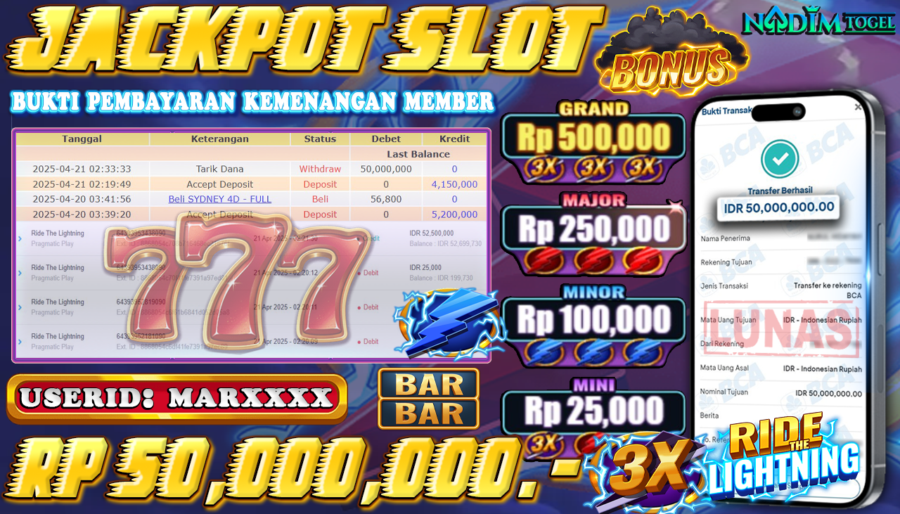 NADIMTOGEL JACKPOT SLOT RIDE THE LIGHTNING Rp 50.000.000,- LUNAS