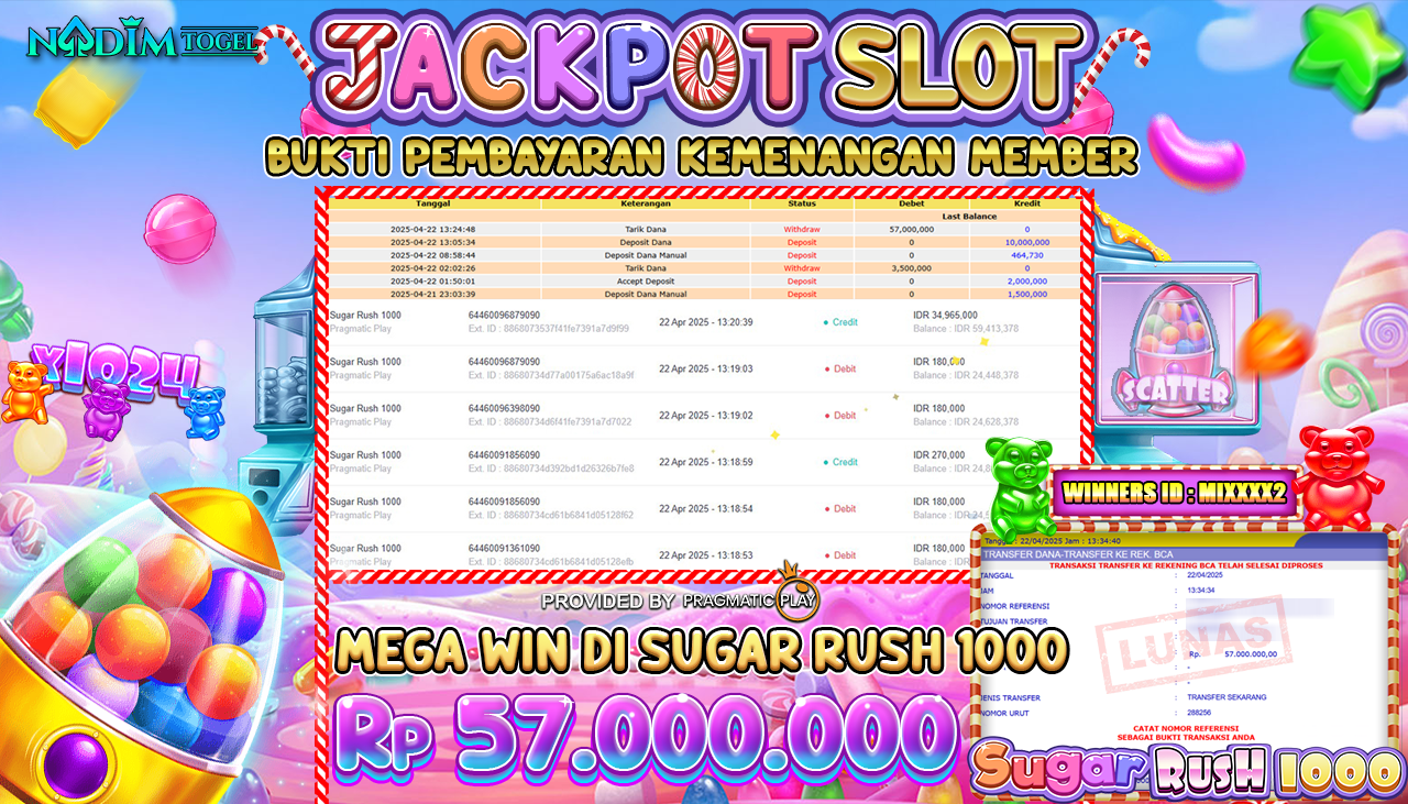 NADIMTOGEL JACKPOT SLOT SUGAR RUSH 1000 Rp 57.000.000,- LUNAS