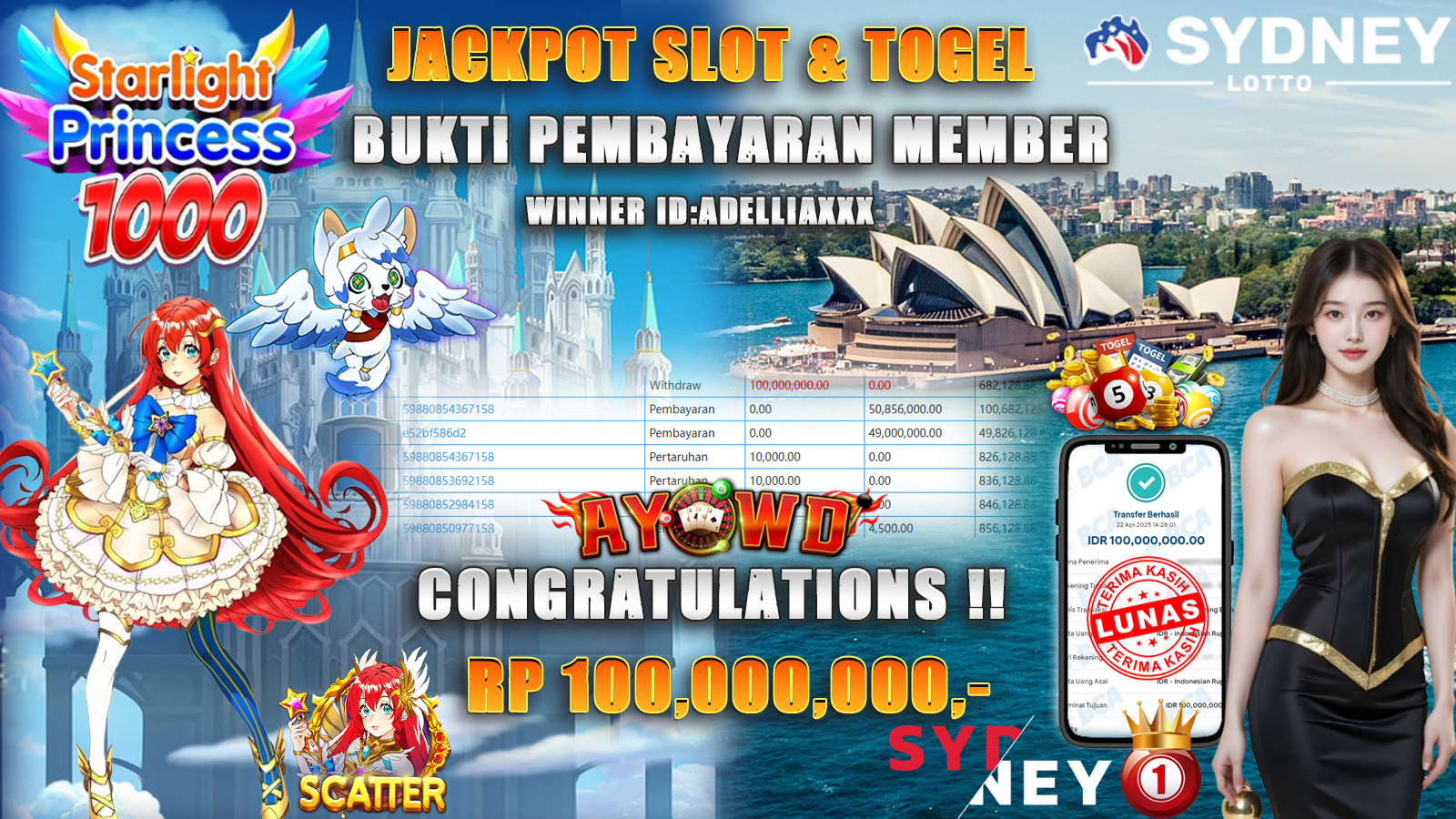AYOWD JACKPOT SLOT GAMES PP-STARLIGHT PRINCES 1000 & LOTTERY SYDNEY 100,000,000 LUNAS