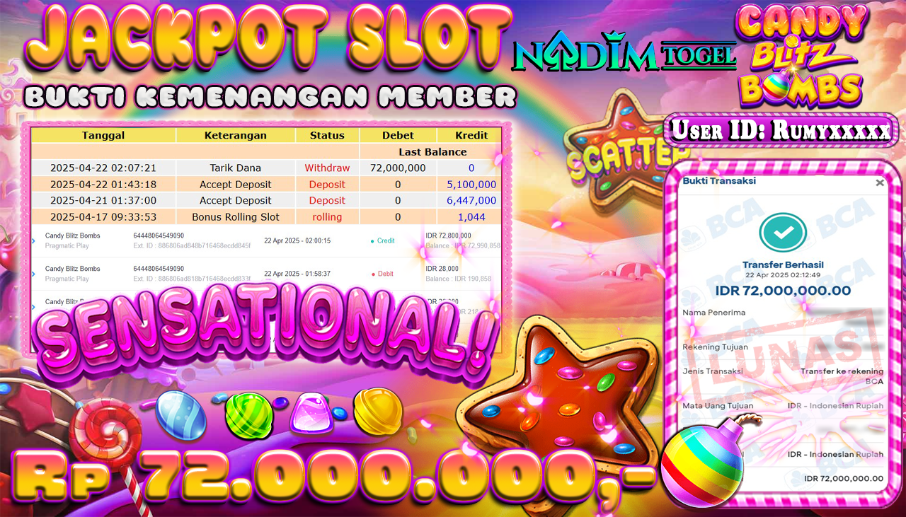 NADIMTOGEL JACKPOT SLOT CANDY BLITZ BOMBS Rp 72.000.000,- LUNAS