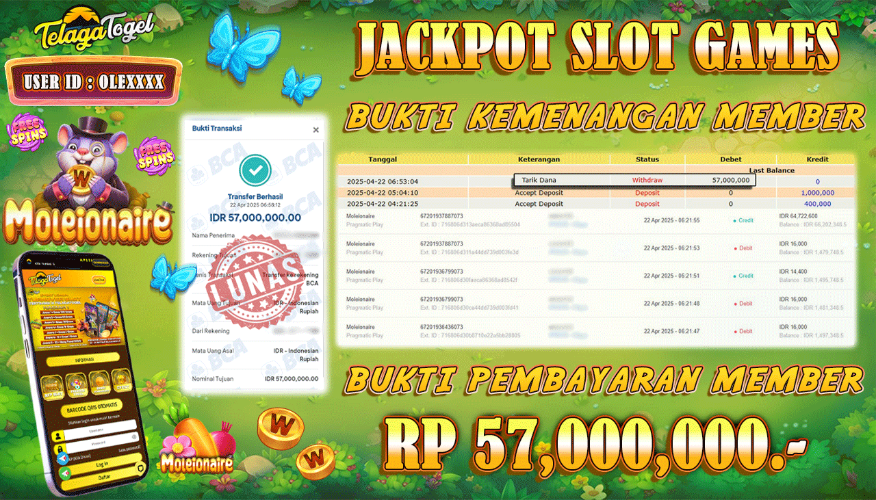 TELAGATOGEL JACKPOT SLOT MOLEIONAIRE Rp 57,000,000,- LUNAS 