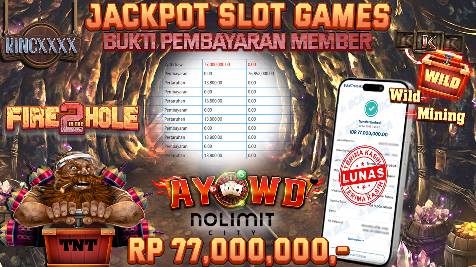 AYOWD JACKPOT SLOT GAMES NO LIMIT-FIRE IN THE HOLE 2 77,000,000 LUNAS