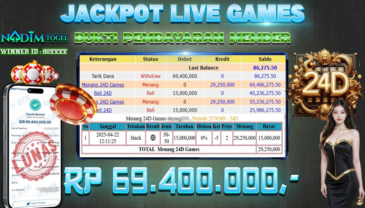 NADIMTOGEL JACKPOT LIVE GAMES 24D Rp 69.400.000,- LUNAS