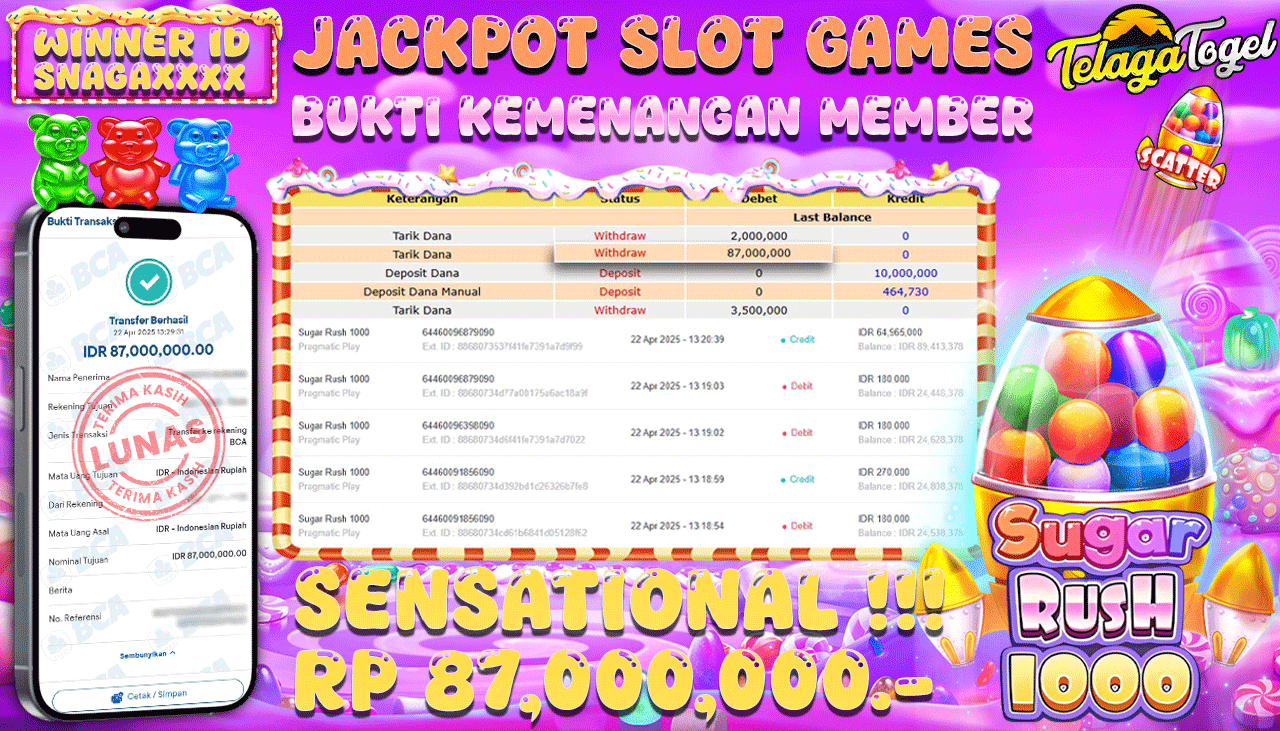 TELAGATOGEL JACKPOT SLOT SUGAR RUSH 1000 Rp 87,000,000,- LUNAS 