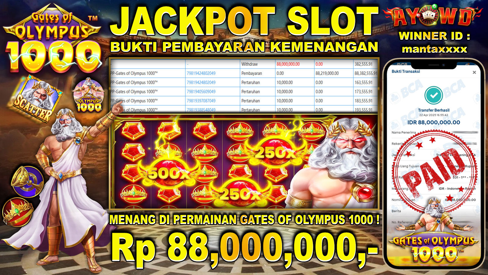 AYOWD JACKPOT SLOT GAME GATES OF OLYMPUS 1000 88,000,000 LUNAS