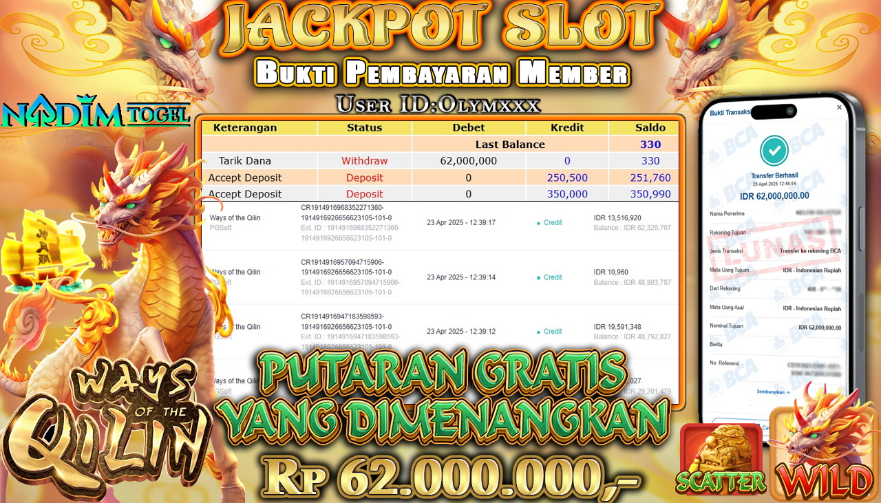 NADIMTOGEL JACKPOT SLOT WAYS OF THE QILIN Rp 62.000.000,- LUNAS