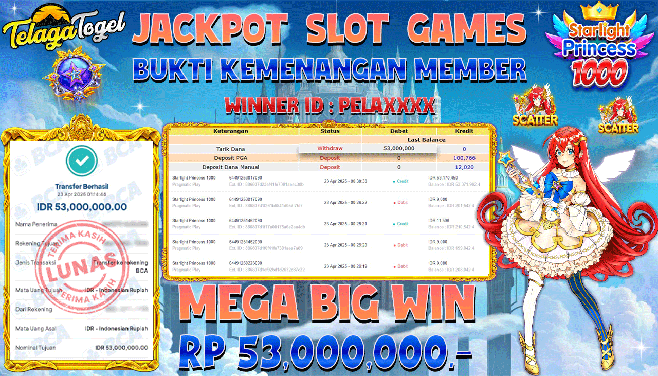 TELAGATOGEL JACKPOT SLOT STARLIGHT PRINCESS 1000 Rp 53,000,000,- LUNAS 