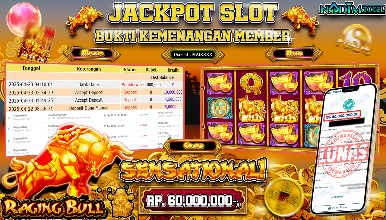 NADIMTOGEL JACKPOT SLOT RAGING BULL Rp. 60.000.000,- LUNAS