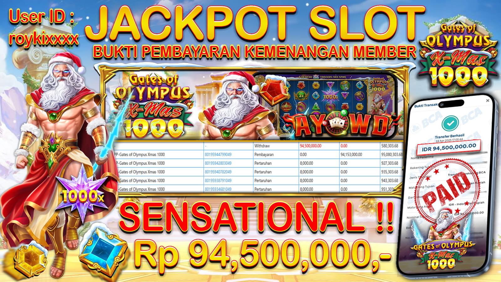 AYOWD JACKPOT SLOT GAME GATES OF OLYMPUS XMAS 1000 94,500,000 LUNAS