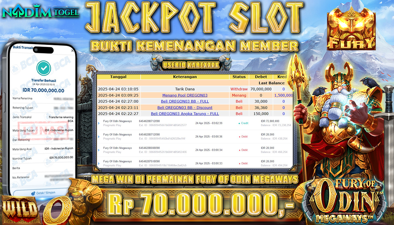 NADIMTOGEL JACKPOT SLOT FURY OF ODIN MEGAWAYS Rp 70.000.000,- LUNAS