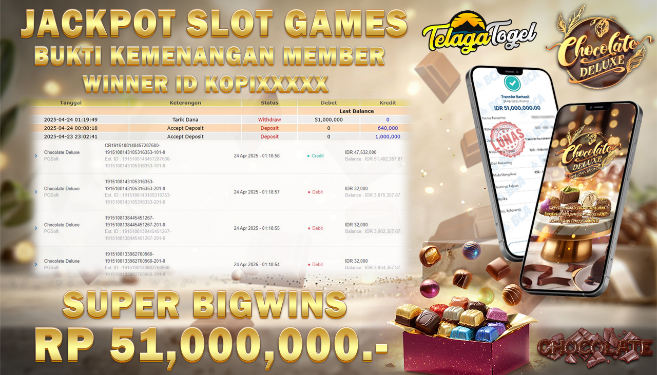TELAGATOGEL JACKPOT SLOT CHOCOLATE DELUXE Rp 51,000,000,- LUNAS 