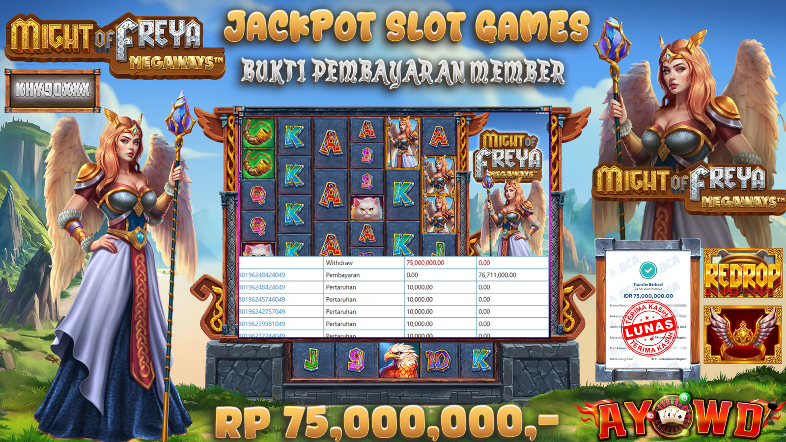 AYOWD JACKPOT SLOT GAMES PP-MIGHT OF FREYA MEGAWAYS 75,000,000 LUNAS