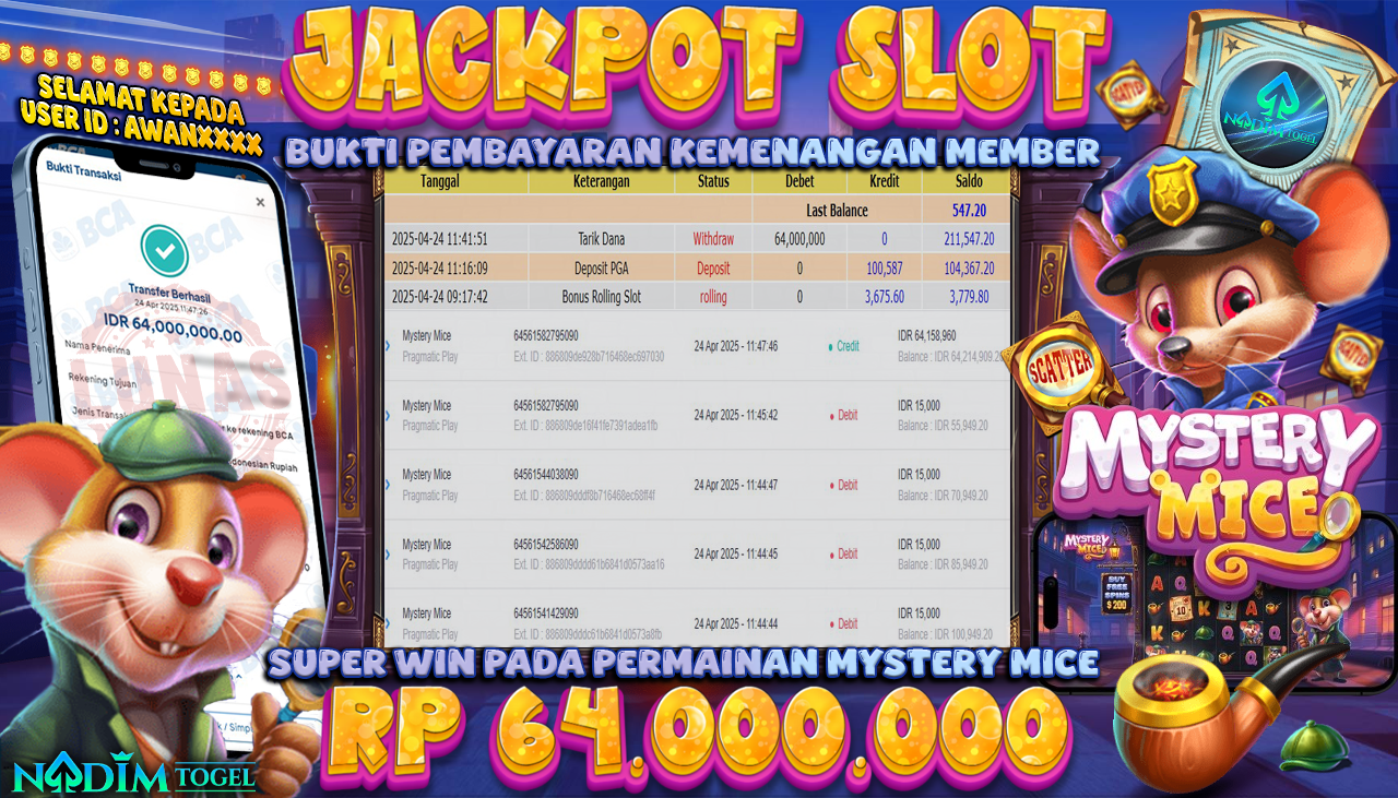 NADIMTOGEL JACKPOT SLOT MYSTERY MICE Rp 64.000.000,- LUNAS