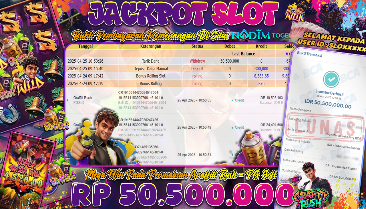 NADIMTOGEL JACKPOT SLOT GRAFFITI RUSH Rp 50.500.000,- LUNAS