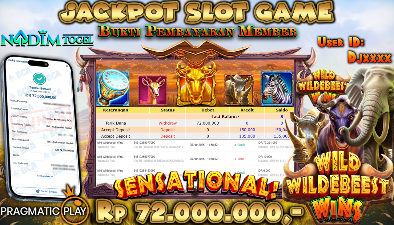 NADIMTOGEL JACKPOT SLOT WILD WILDEBEEST WINS Rp 72.000.000,- LUNAS