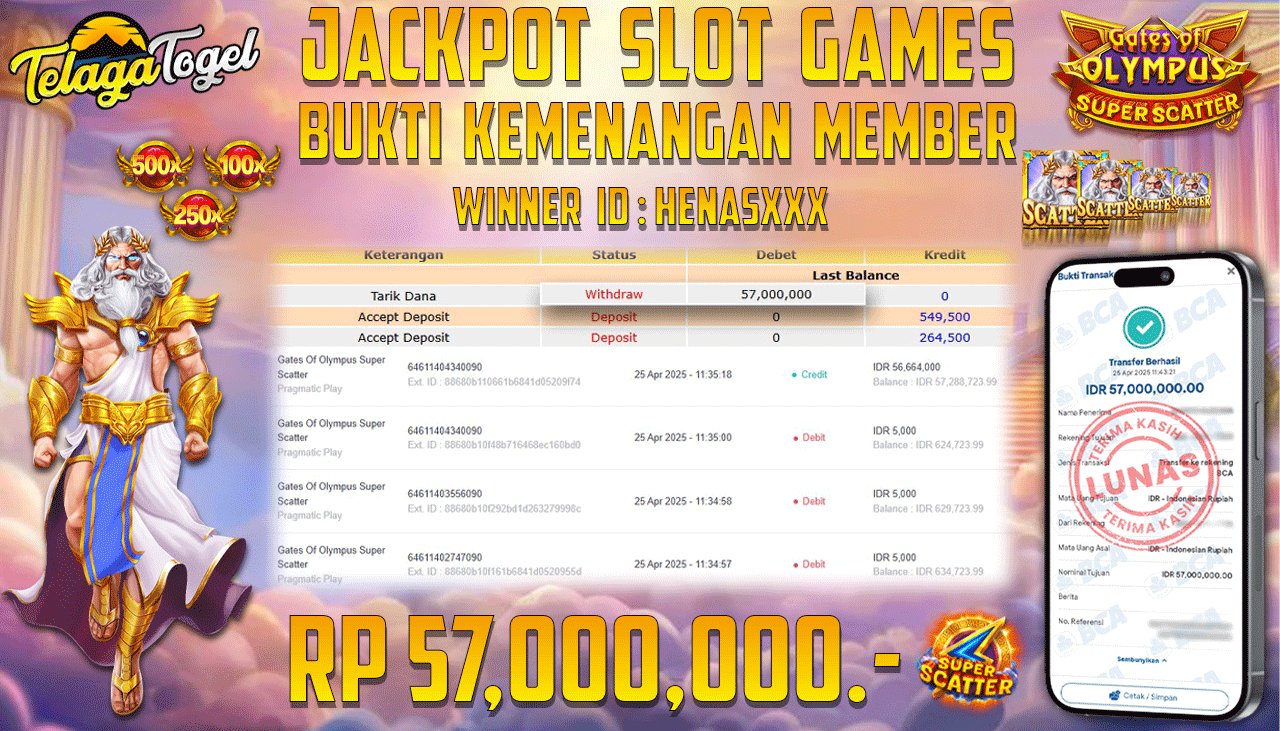TELAGATOGEL JACKPOT SLOT GATES OF OLYMPUS SUPER SCATTER Rp 57,000,000,- LUNAS 