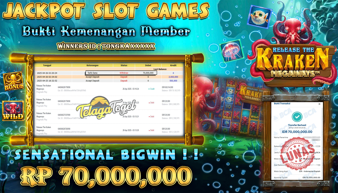 TELAGATOGEL JACKPOT SLOT RELEASE THE KRAKEN MEGAWAYS Rp 70,000,000,- LUNAS 