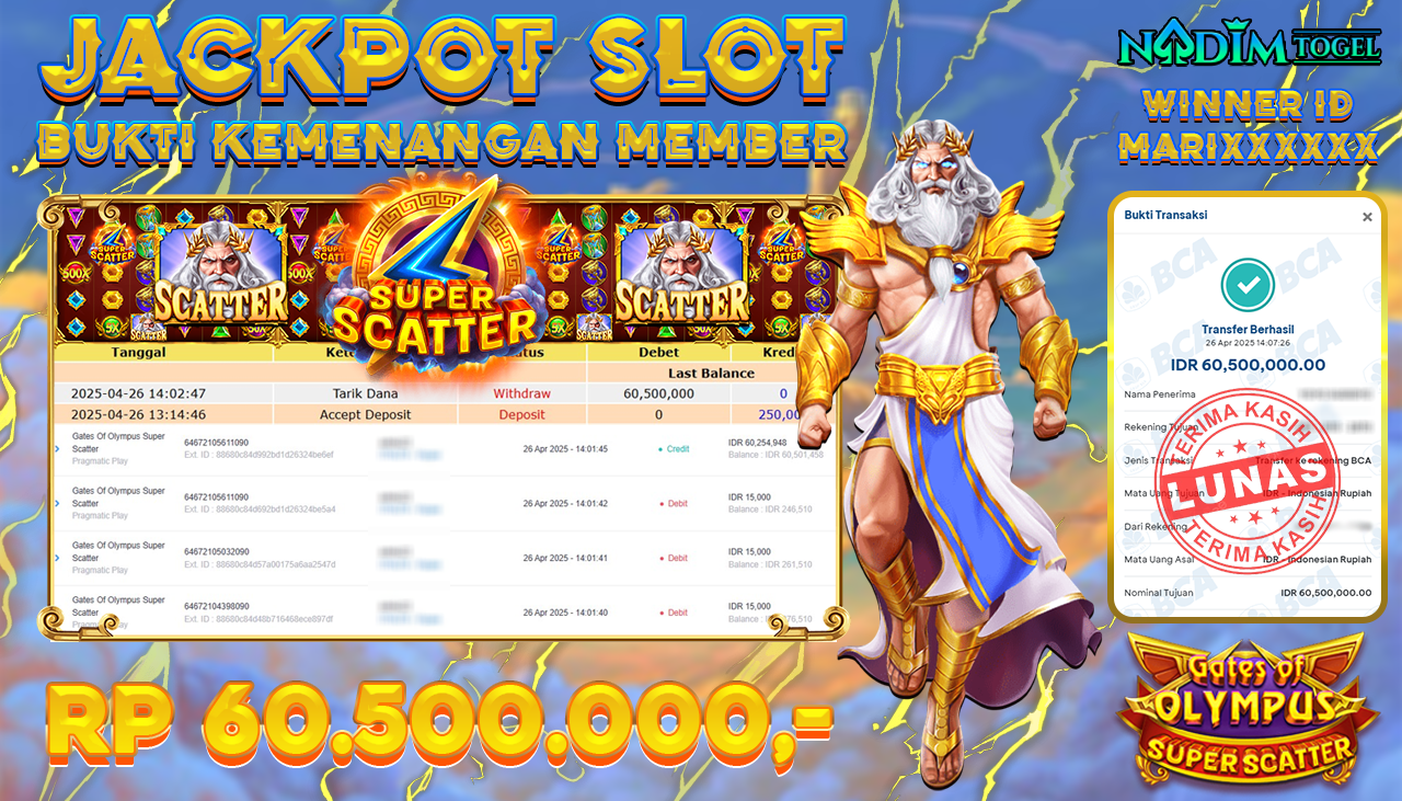 NADIMTOGEL JACKPOT SLOT GATES OF OLYMPUS SUPER SCATTER Rp 60.500.000,- LUNAS