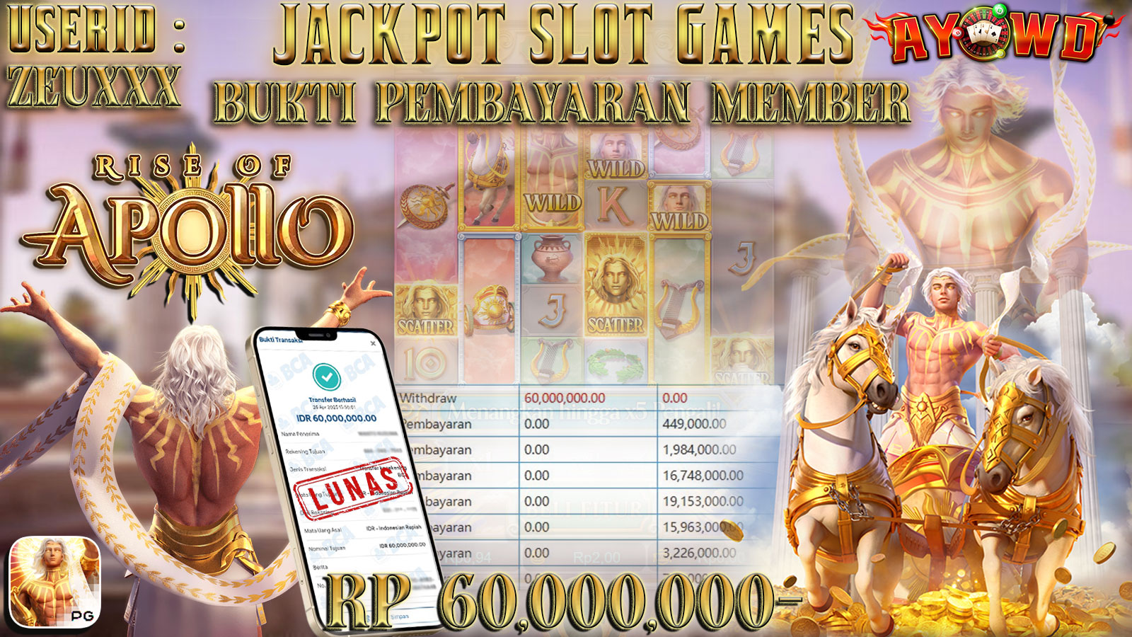 AYOWD JACKPOT SLOT GAMES PG-RISE OF APOLLO 60,000,000,- LUNAS