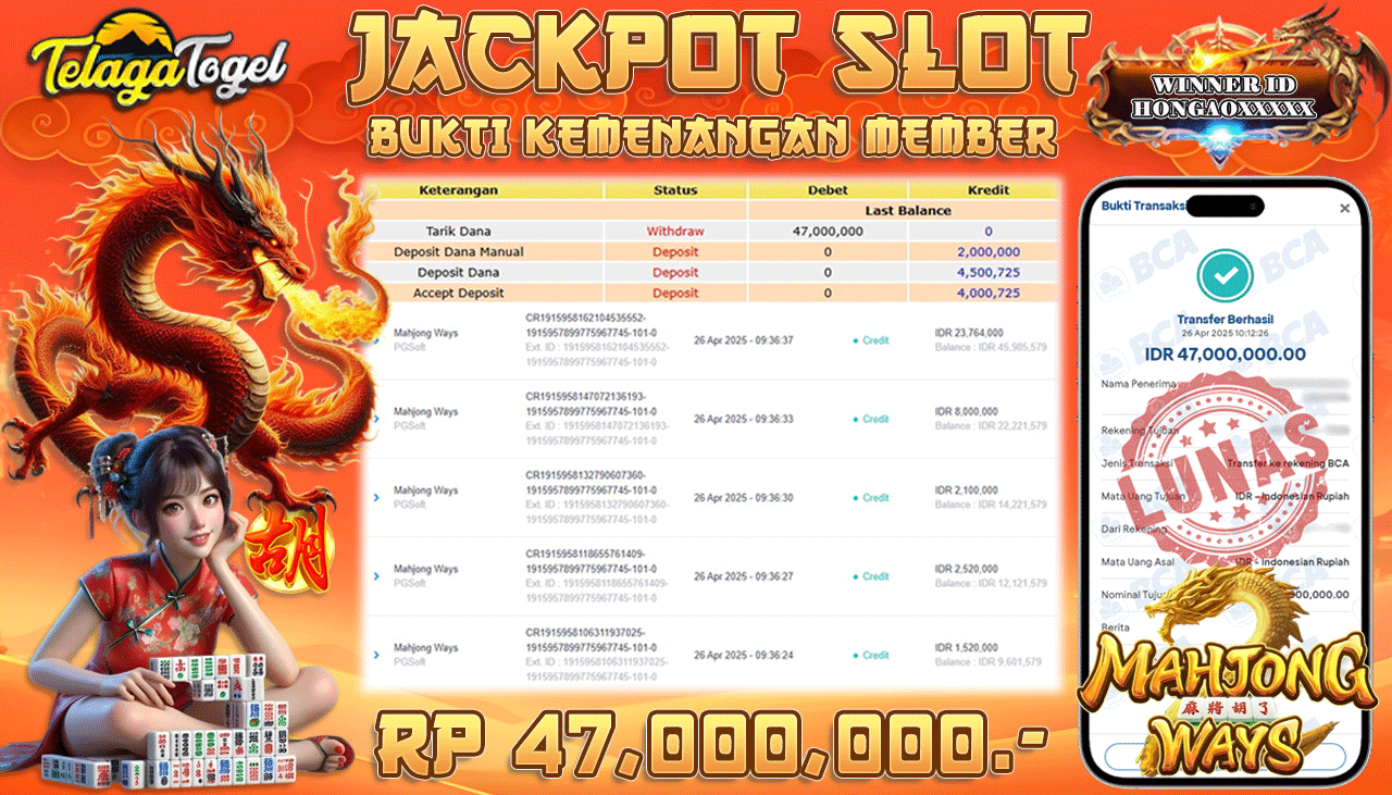 TELAGATOGEL JACKPOT SLOT MAHJONG WAYS Rp 47,000,000,- LUNAS 