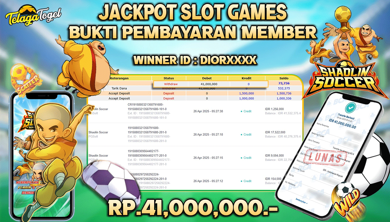 TELAGATOGEL JACKPOT SLOT SHAOLIN SOCCER Rp 41,000,000,- LUNAS 