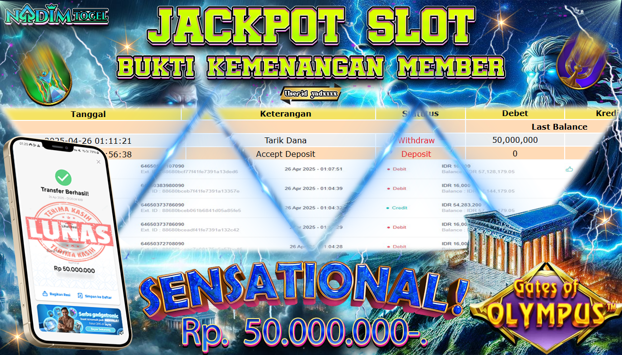 NADIMTOGEL JACKPOT SLOT GATES OF OLYMPUS Rp 50.000.000,- LUNAS