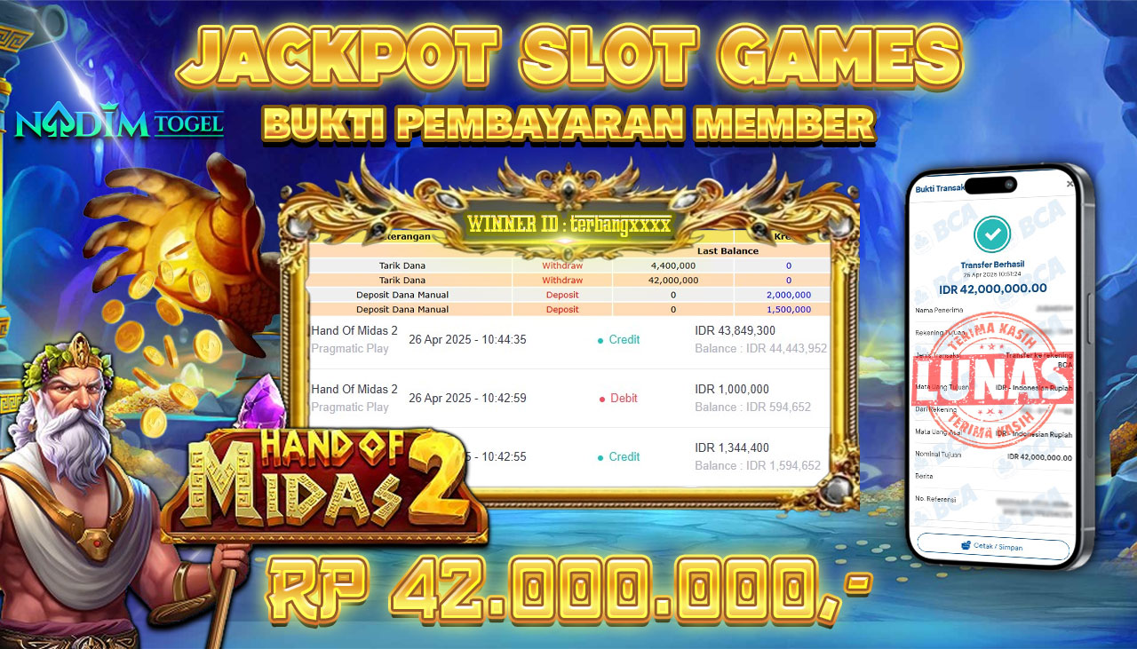 NADIMTOGEL JACKPOT SLOT HAND OF MIDAS2 - Pragmatic Play Rp 42.000.000,- LUNAS