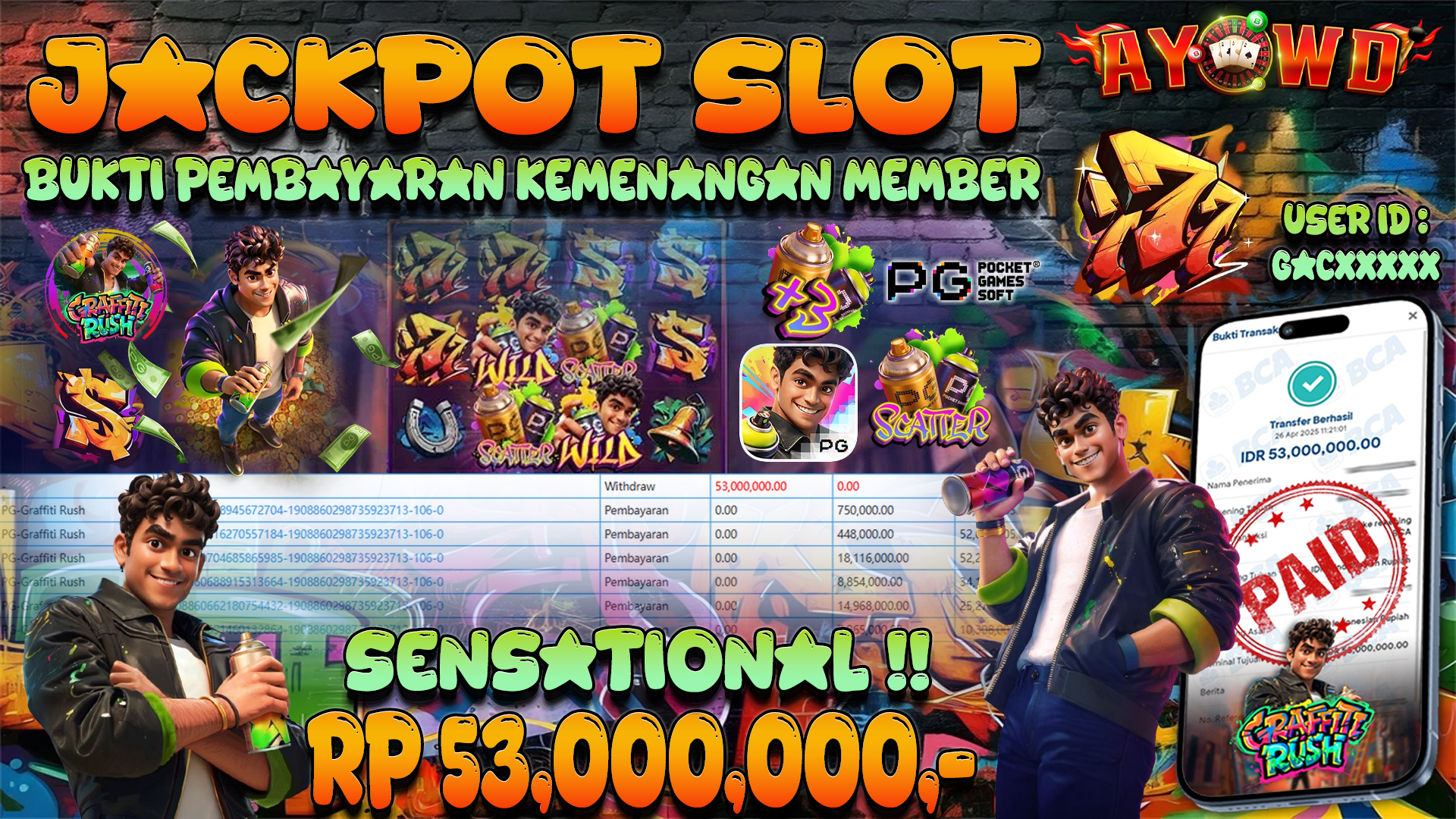 AYOWD JACKPOT SLOT GAMES PG-GRAFFITI RUSH 53,000,000,- LUNAS