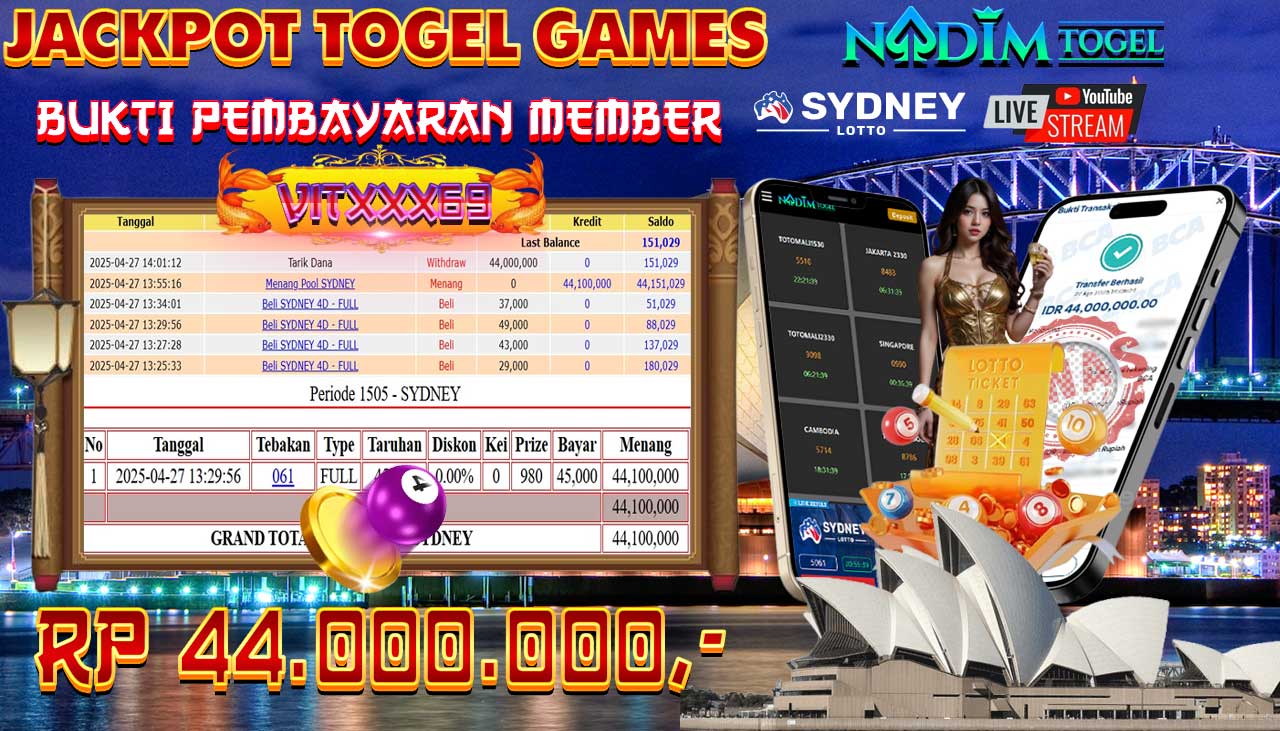 NADIMTOGEL JACKPOT TOGEL SYDNEY LOTTO 44.000.000,- LUNAS