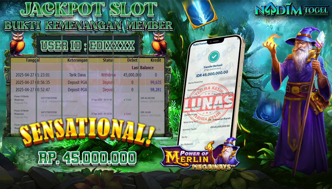 NADIMTOGEL JACKPOT SLOT POWER OF MERLIN MEGAWAYS Rp 45.000.000,- LUNAS