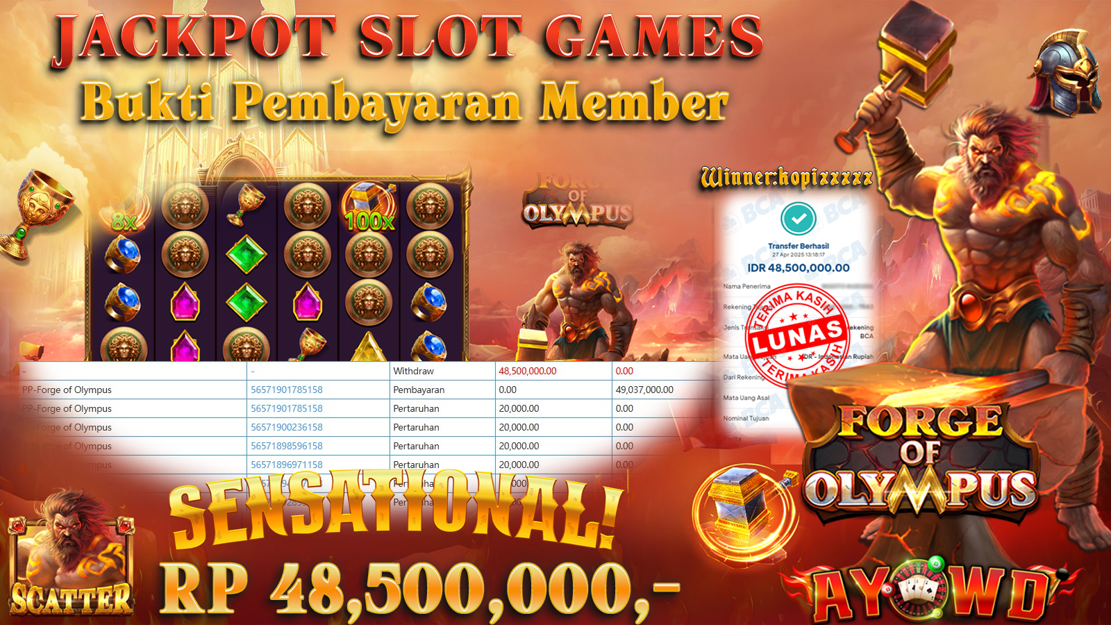 AYOWD JACKPOT SLOT GAMES PP-FORGE OF OLYMPUS 48,500,000,- LUNAS