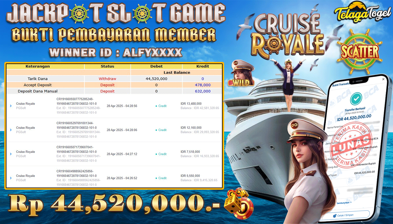 TELAGATOGEL JACKPOT SLOT CRUISE ROYALE Rp 44,520,000,- LUNAS 