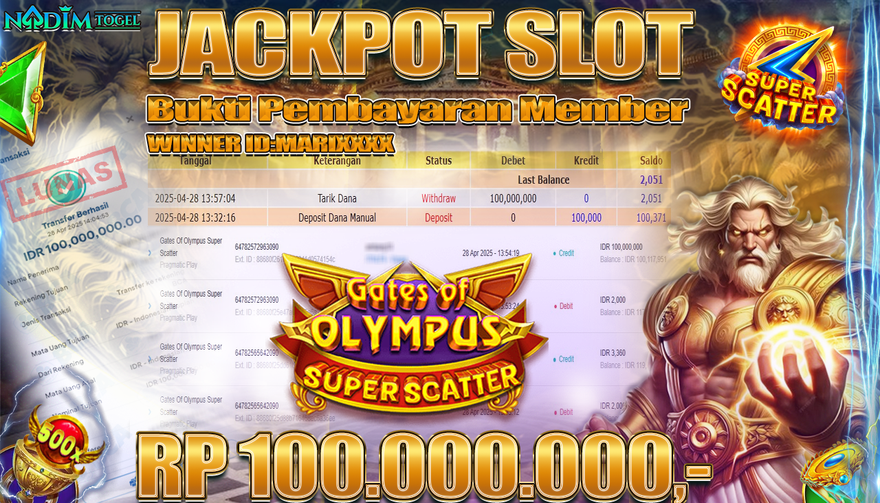 NADIMTOGEL JACKPOT SLOT GATES OF OLYMPUS SUPER SCATTER Rp 100.000.000,- LUNAS