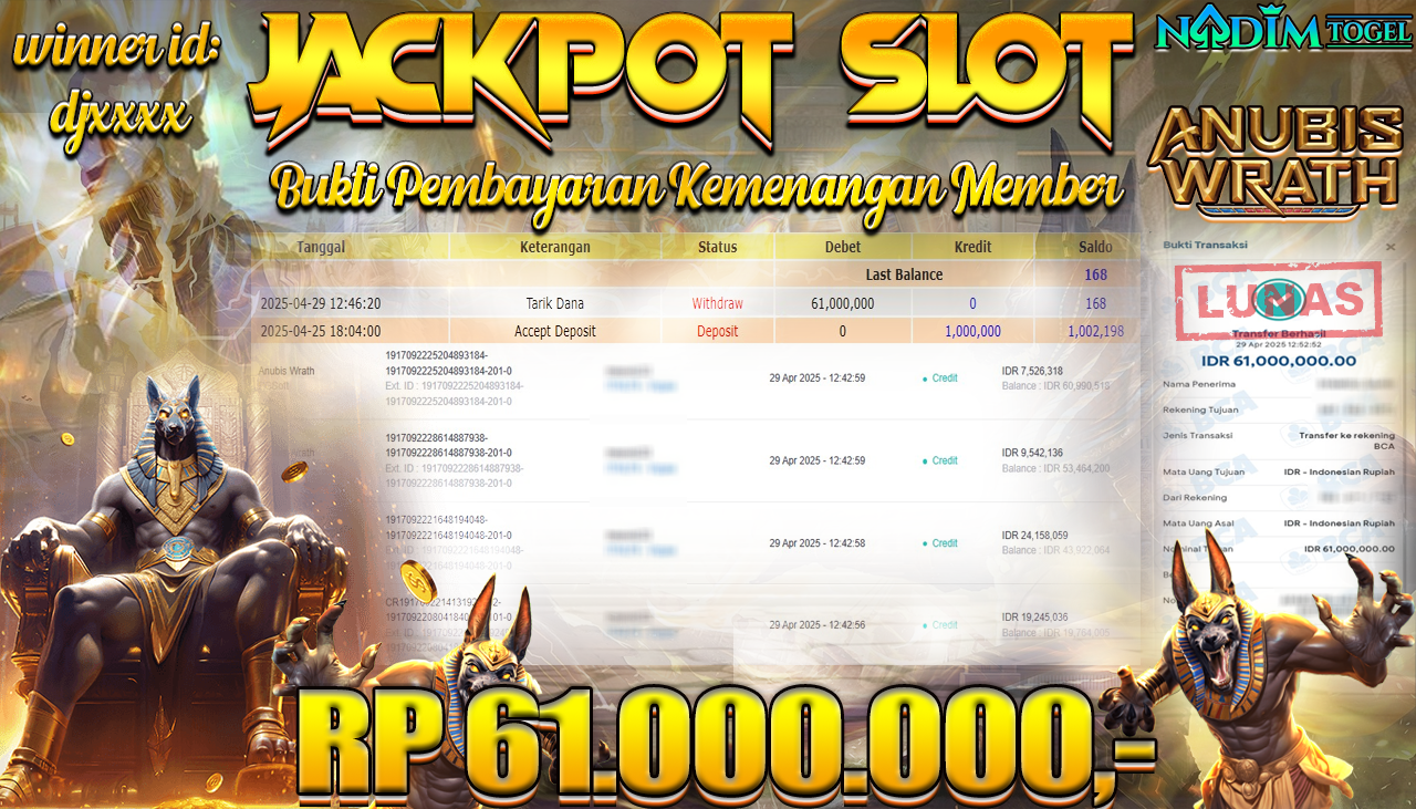 NADIMTOGEL JACKPOT SLOT ANUBIS WRATH Rp 61.000.000,- LUNAS