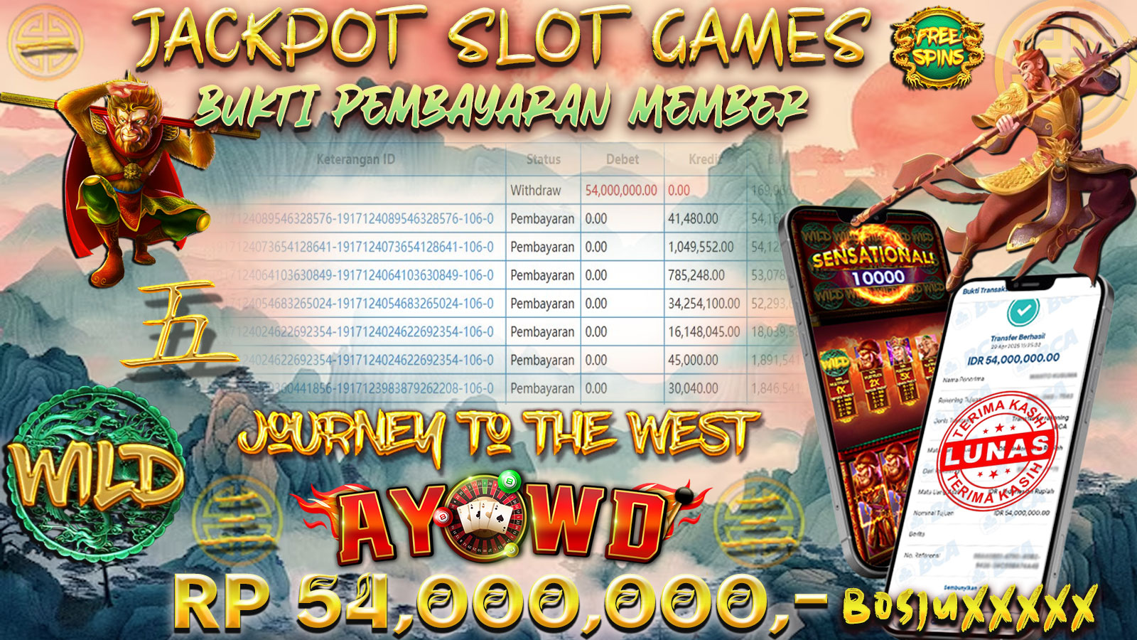 AYOWD JACKPOT SLOT GAMES PP-Journey to the West Rp 54,000,000,- LUNAS